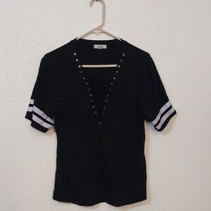 Make Offer Marci Black Lace-Up  Top with White Sleeve Accents